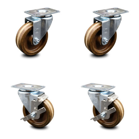 SERVICE CASTER 4 Inch High Temp Phenolic Wheel Swivel Top Plate Caster Set with 2 Brakes SCC SCC-20S414-PHSHT-2-TLB-2